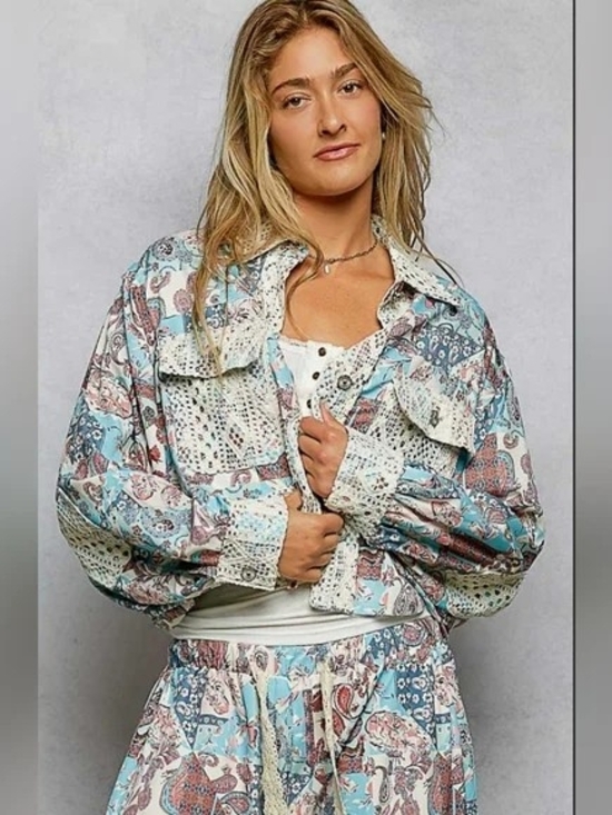 POL Jackets & Blazers - POL Paisley Patchwork Denim-Style Jacket in Light Blue & CreamNWOT
